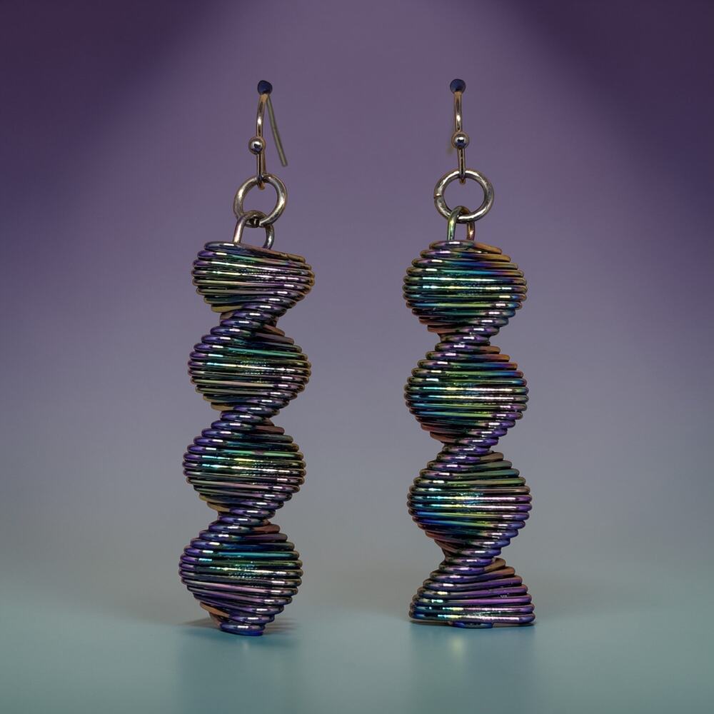 Handmade Iridescent Spiral Dangle Earrings NIP | Rainbow Coil Drop 2β Boho - Picture 2 of 5